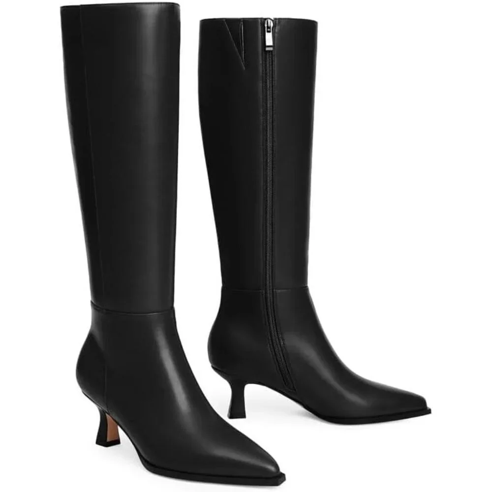 Women's Black Pu Kitten Low Heel Toe Side Zipper Long Tall Knee High Boots